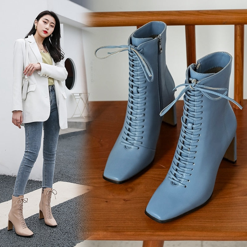 Women Leather Boots Fashion High Heels Shoes Winter Lace Up Women Martin