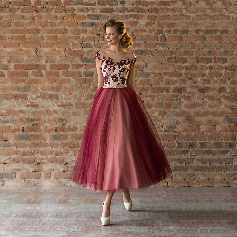 Evening wear Dresses: Prom Party Dresses Tea Length Cap Sleeves Illusion