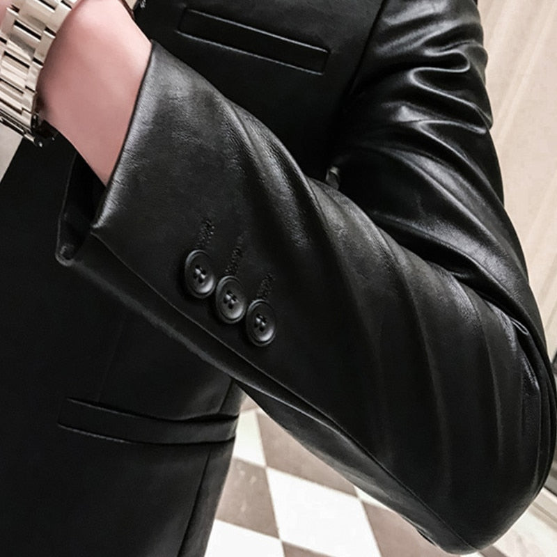 Tuxedo for Mens: Men Suit Black Slim Fit Blazer Hombre PU Leather Jacket Male