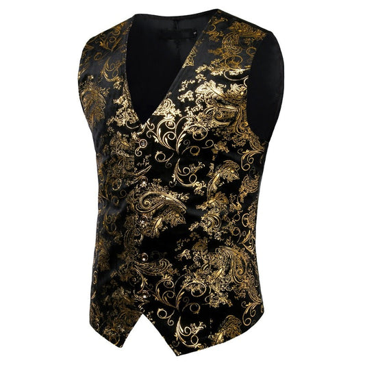 Mens Gold Metallic Paisley Printed Steampunk Vest Single Breasted V Neck