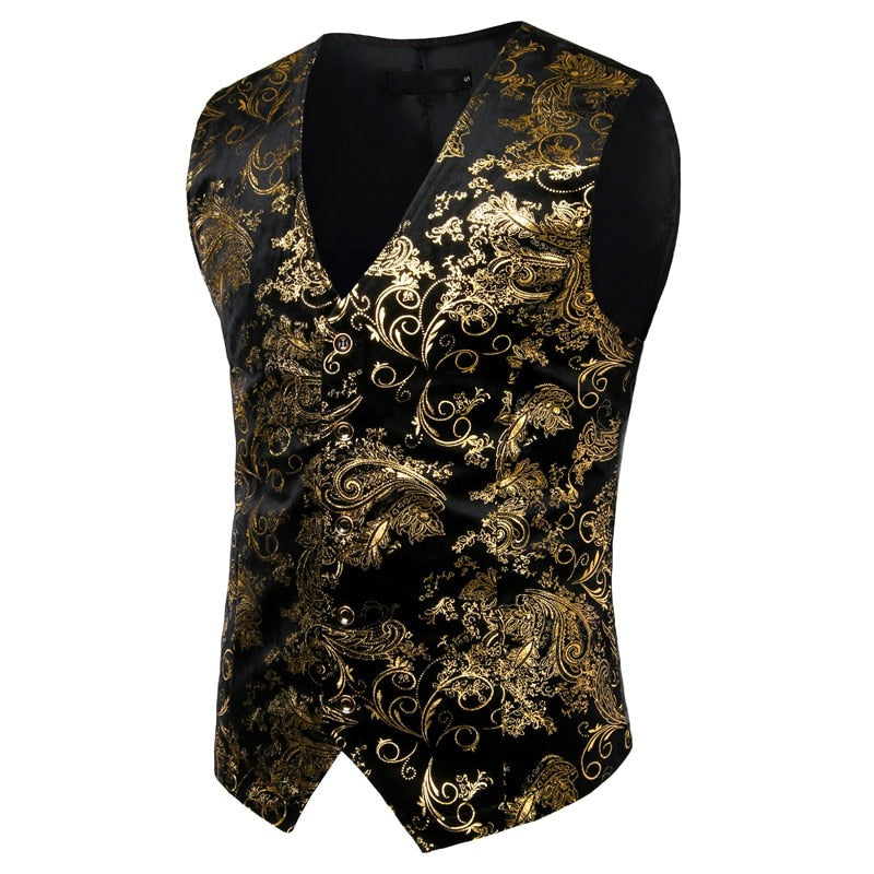 Mens Gold Metallic Paisley Printed Steampunk Vest Single Breasted V Neck