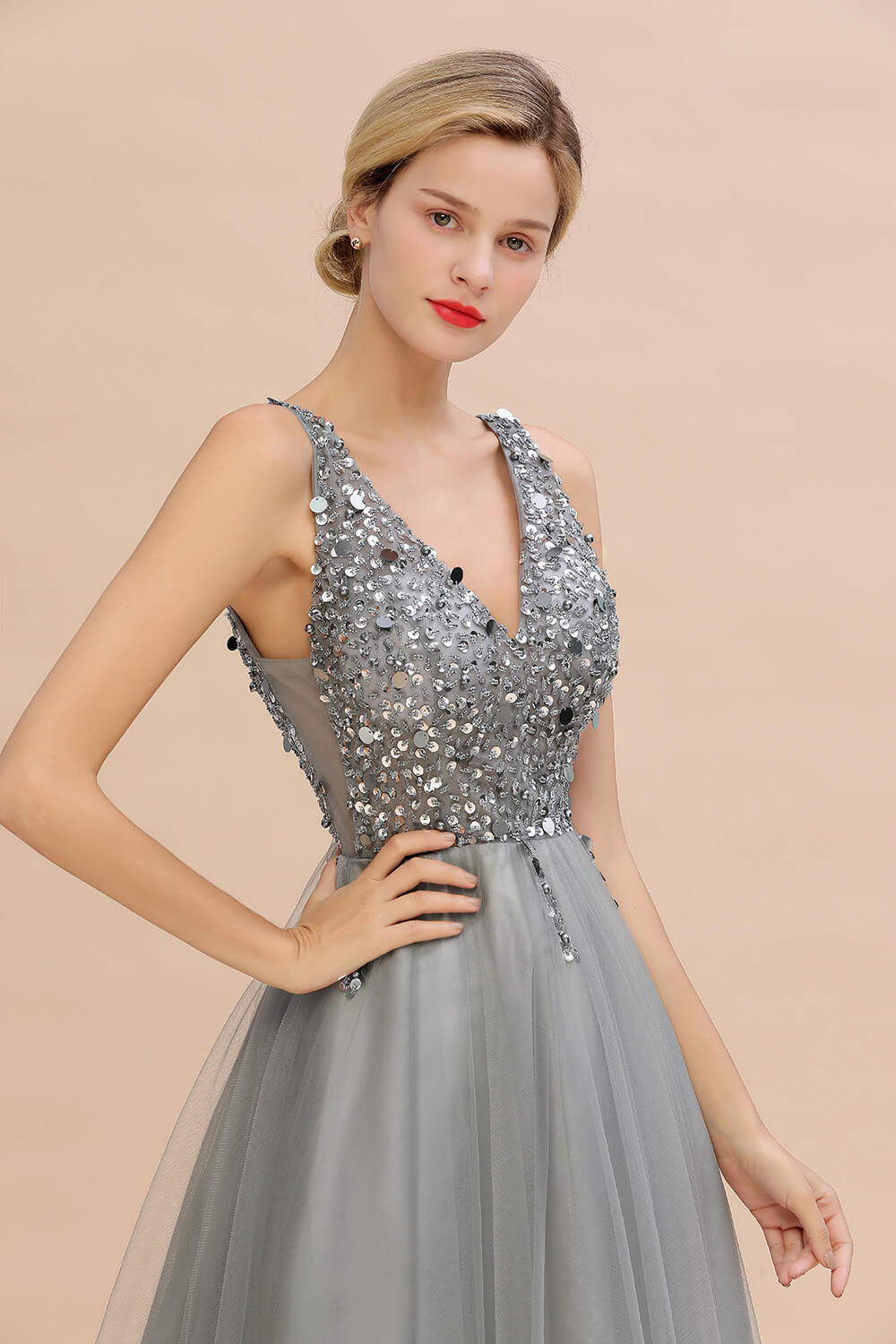 Homecoming Dresses: V-neck Prom Dresses Long Backless Sequins Prom