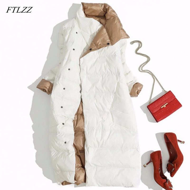 Plus Size Women Double Sided Down Long Jacket White Down Coat
