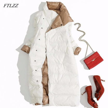 Plus Size Women Double Sided Down Long Jacket White Down Coat