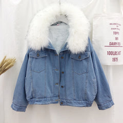 Velvet thick denim jacket female winter big faux fur collar coat female student short coat