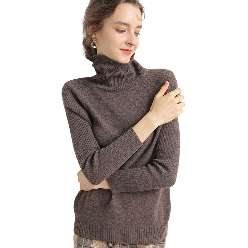 Women Turtleneck Merino Wool Cashmere Sweater Long Sleeves Autumn Winter Sweater