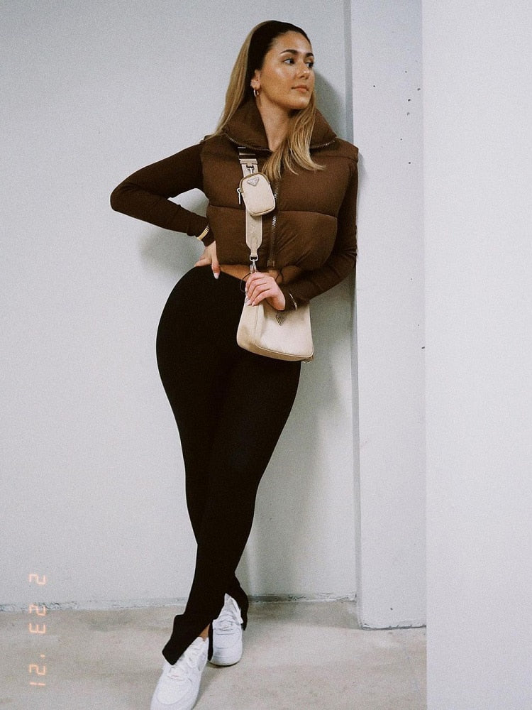 Women Fashion Brown Cropped Vest Coat Female Stand Collar Zipper