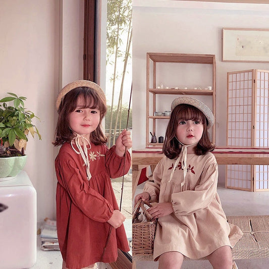 Spring And Autumn Girls Dress Korean Style Embroidered Flowers Sweet