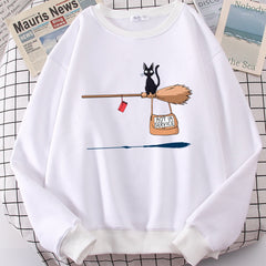 Cute Cat Not In Service Print Hoodies Women Casual Crewneck Sportswear