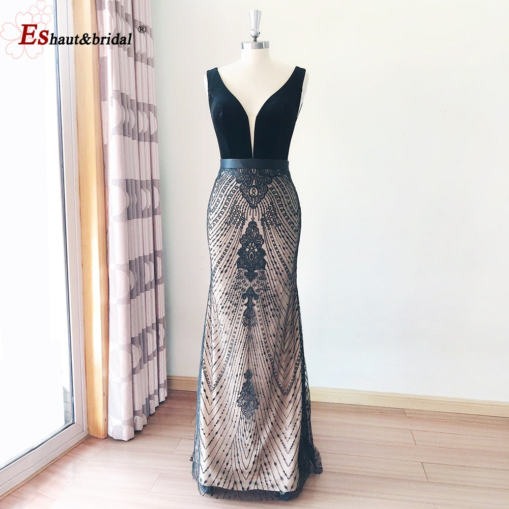 Evening wear Dresses: Black Velvet Mermaid Evening Night Dress for Women V Neck