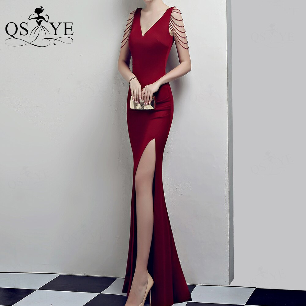 Homecoming Dresses: Red Long Prom Dress Stretch Beading Straps Evening Dress