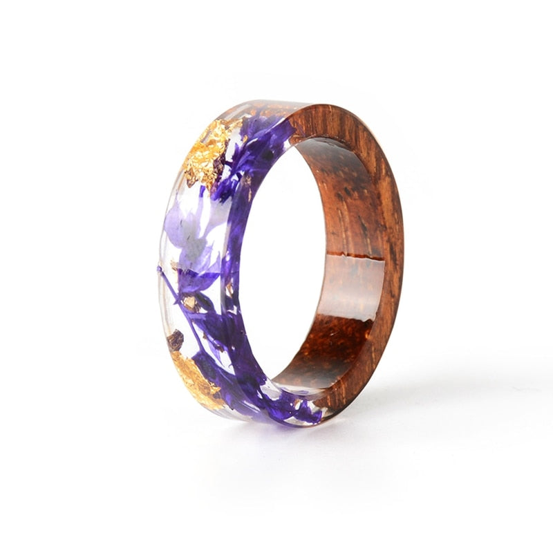 Wood Resin Ring Transparent Epoxy Resin Ring Fashion Handmade Dried Flower