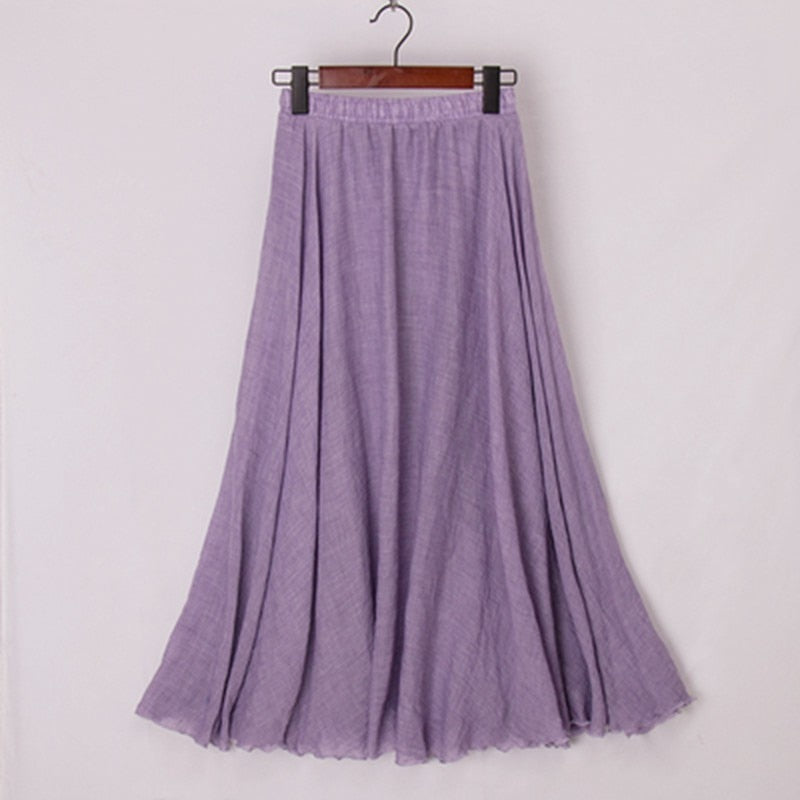 Cotton Linen Maxi Skirt Womens Casual Elastic High Waist Pleated