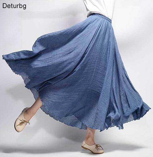 Women Elegant High Waist Linen Maxi Skirt Summer Ladies Casual