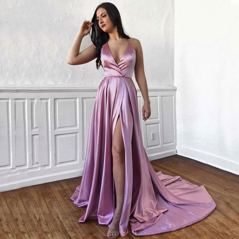 Homecoming Dresses: V-neck Prom Dresses Formal Simple Satin Evening Dresses