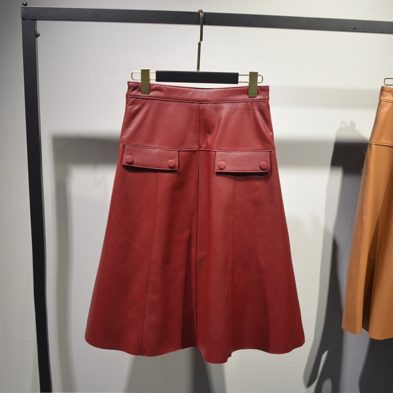 Woman Genuine Leather Skirts Female Elegant High Waist A Line Saia Mujer Over