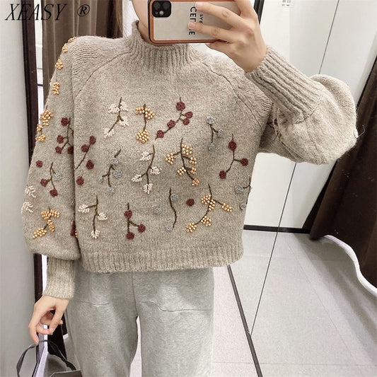 Women Vintage Long Sleeve Pullover Chic Flowers Beaded Fashion
