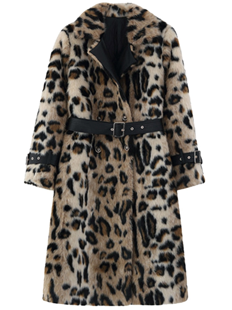 Lautaro Winter Long Leopard Print Warm Fluffy Faux Fur Trench Coat