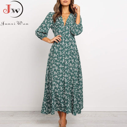 Women Chiffon Long Dress Floral Print Lantern Sleeve A-line Maxi