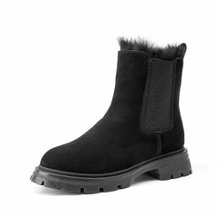 Chelsea Boots Women Leather Snow Boots Warm Fur Round