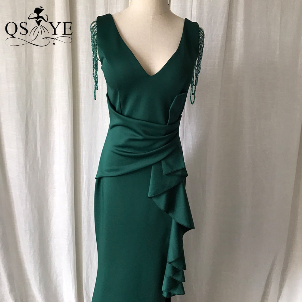 Homecoming Dresses: Prom Dress Stretch Ruffles Emerald Evening Dress V Neck Formal