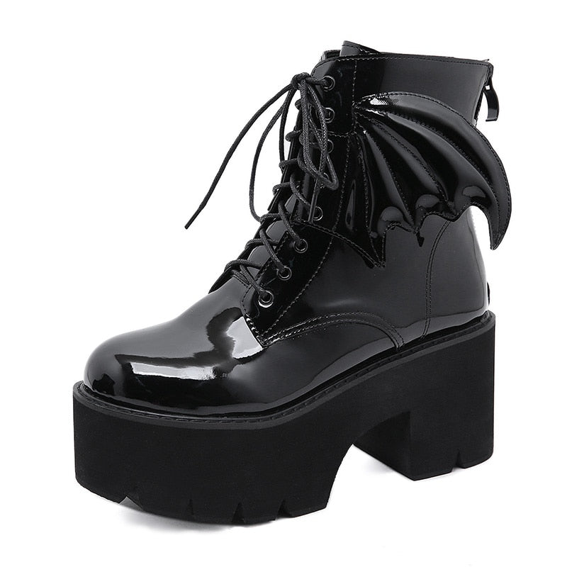 Fashion Angel Wing Ankle Boots High Heels Patent Leather Womens Platform Boots