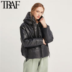 TRAF Women Vintage Warm Winter Faux Leather Jacket Padded Coat Fashion