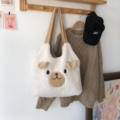 Winter Soft Plush Tote Bag Women Cartoon Embroidery Imitation