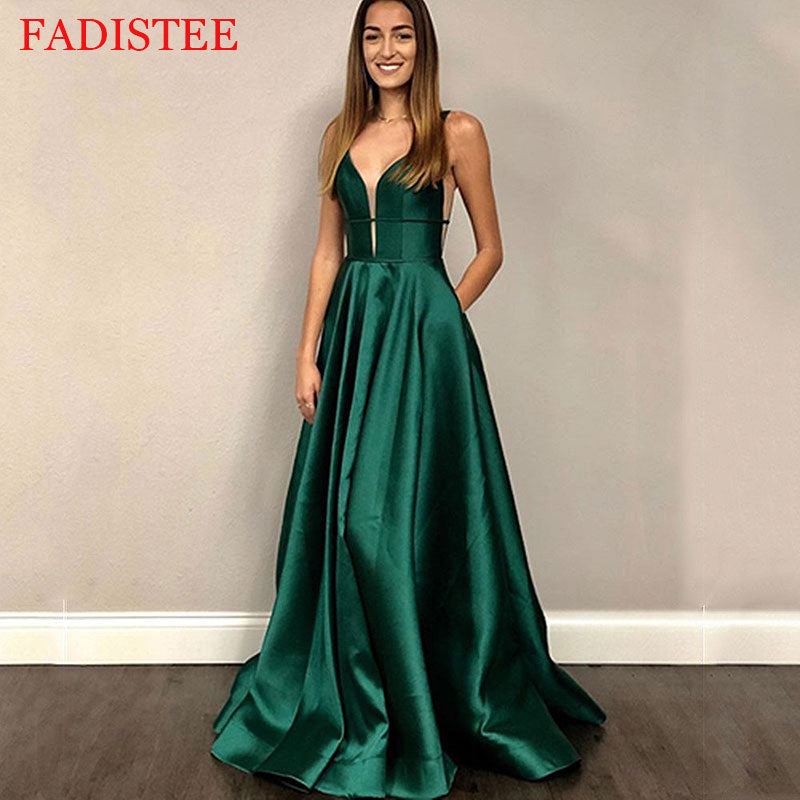 Simple Satin V-neck Sexy Backless Prom Dresses Evening Dresses Robes