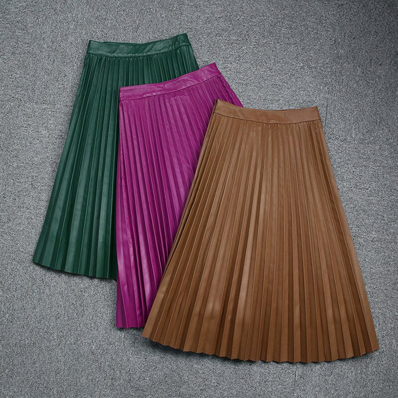 Pleated Skirts For Women Spring Female Harajuku Genuine Leather Vintage