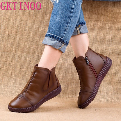 Winter Genuine Leather Ankle Boots Handmade Lady Soft Flat Shoes Comfortable