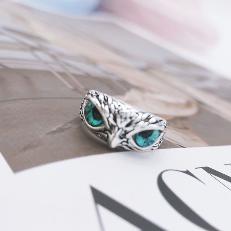 Retro Cute Simple Design Owl Ring Multicolor Eyes Silver Color Men Women
