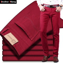 Classic Style Men Wine Red Jeans Fashion Business Casual Straight Denim