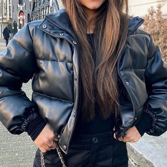 Winter Thick Warm Short Parkas Women Fashion Black PU Leather Coats