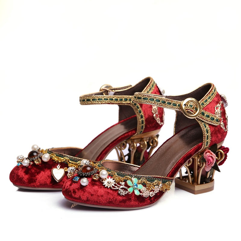 Phoentin velvet ankle strap Chinese wedding shoes women crystal buckle pearl