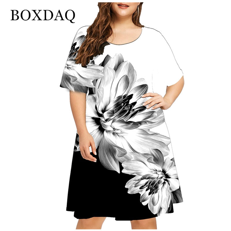 Summer 3D Flower Print Bohemian Dress Women Short Sleeve Mini Dress