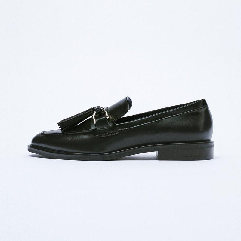 Women Loafers Genuine Leather Flat Shoes Metal Decoration