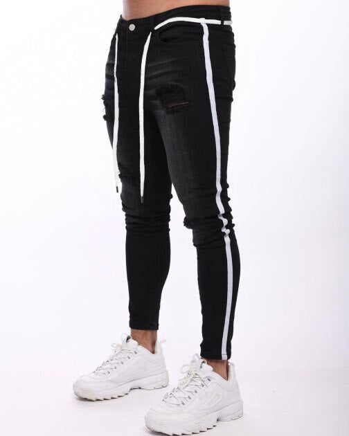 Skinny Jeans Men Hip Hop Stripe Elastic Slim Fit Denim Pants Male Stretchy Pencil
