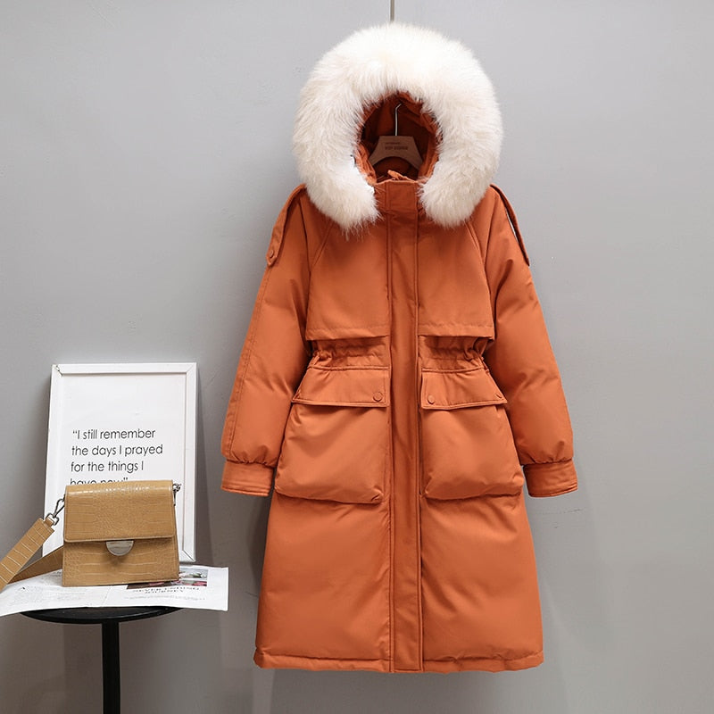 Winter Women Long Jacket Large Natural Fur Collar Hooded