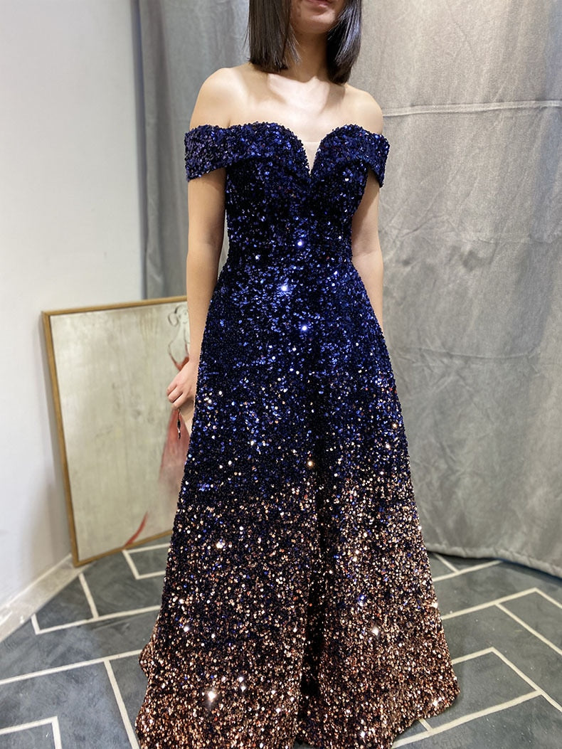 Evening wear Dresses: Prom Dresses Star Sky Vestidos De Gala Off Shoulder Sequins