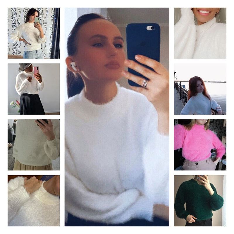 White Mohair Thicken Turtleneck Sweater Autumn Winter Sweet Fashion