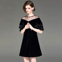 women beaded mesh round neck velvet dress ostrich feather lotus leaf sleeve dresses