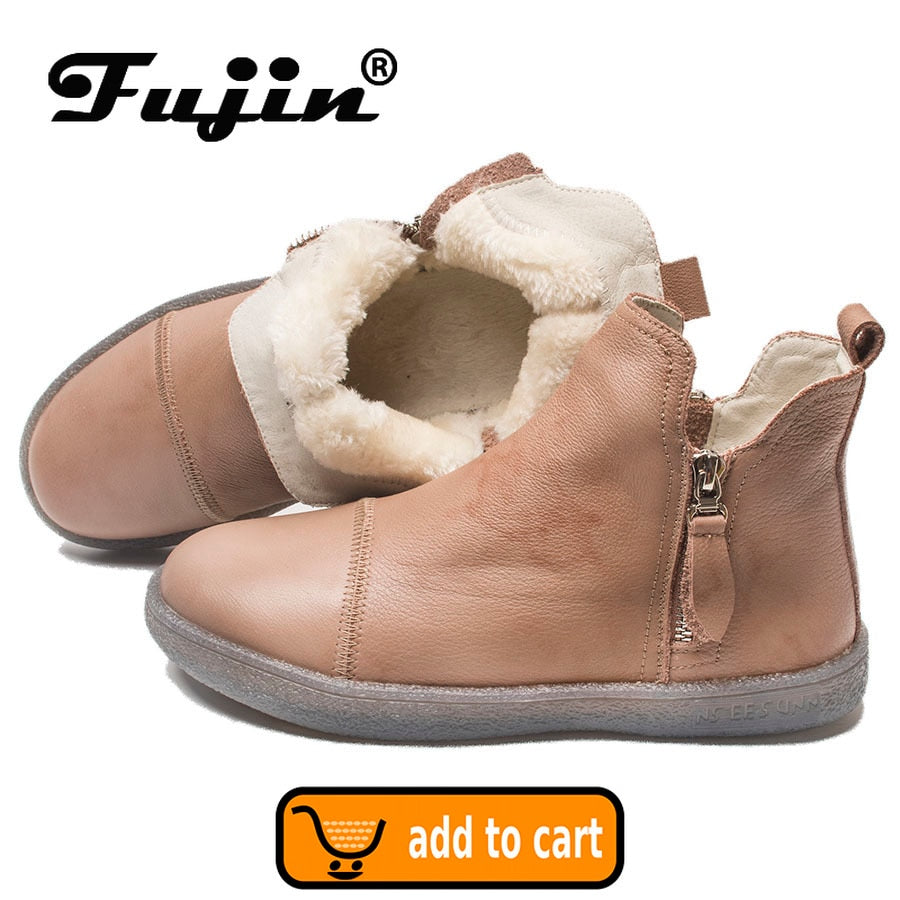 Genuine Leather Cow Women Ankle Boots Warm Fur Waterproof