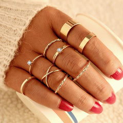 Women Twist Pearl Pearl Rings Set Fashion Geometric Hollow Crystal Ring