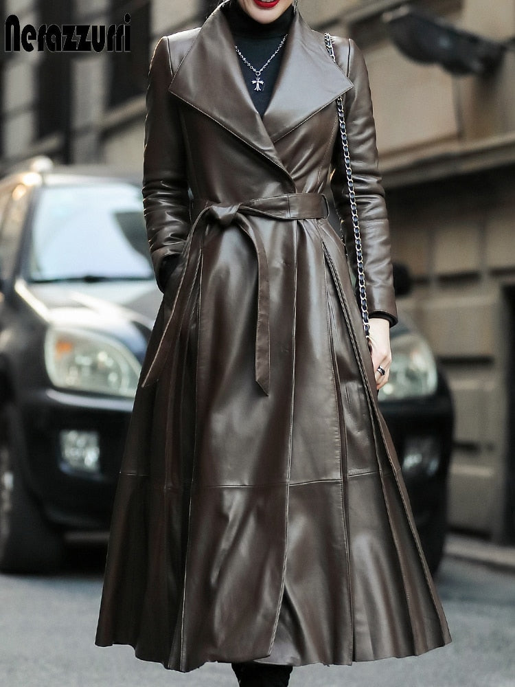Nerazzurri Autumn Long Brown Black Soft Faux Leather Trench Coat for Women