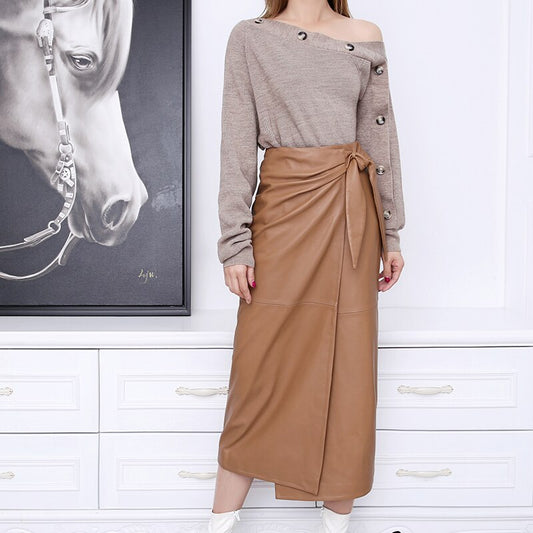 Leather Wrap Skirt Women Winter Female European Real Soft Lambskin 80 cm