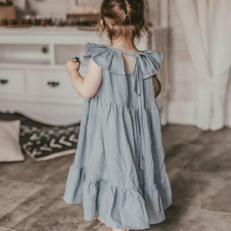 Girls Dress Summer Solid Color Cotton Linen Ruffles A-Line Princess Long Dresses