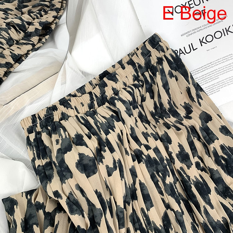 Fashion Elegant Vintage Leopard Print Pleated Skirt Elastic High Waist Long