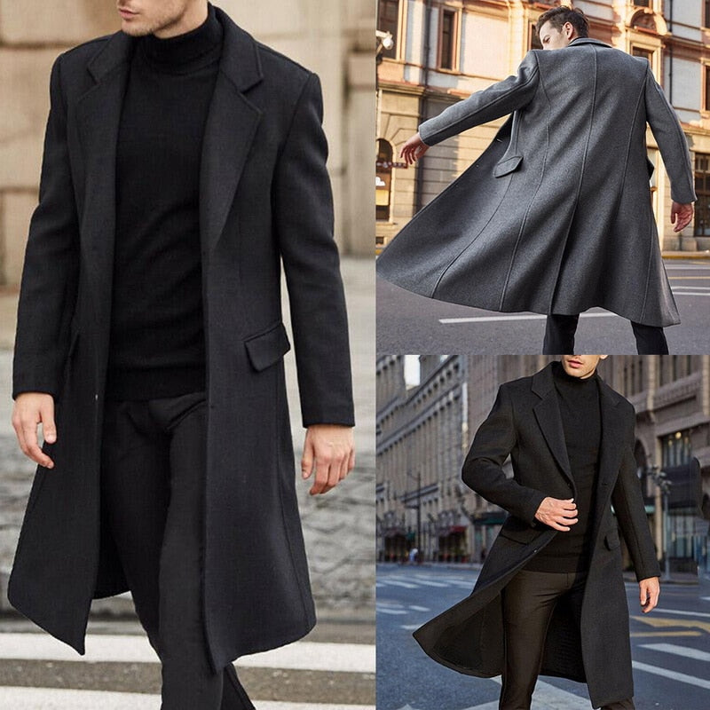 Mens Wool Coat Solid Long Sleeve Woolen Jackets Fleece Men Overcoat Streetwear