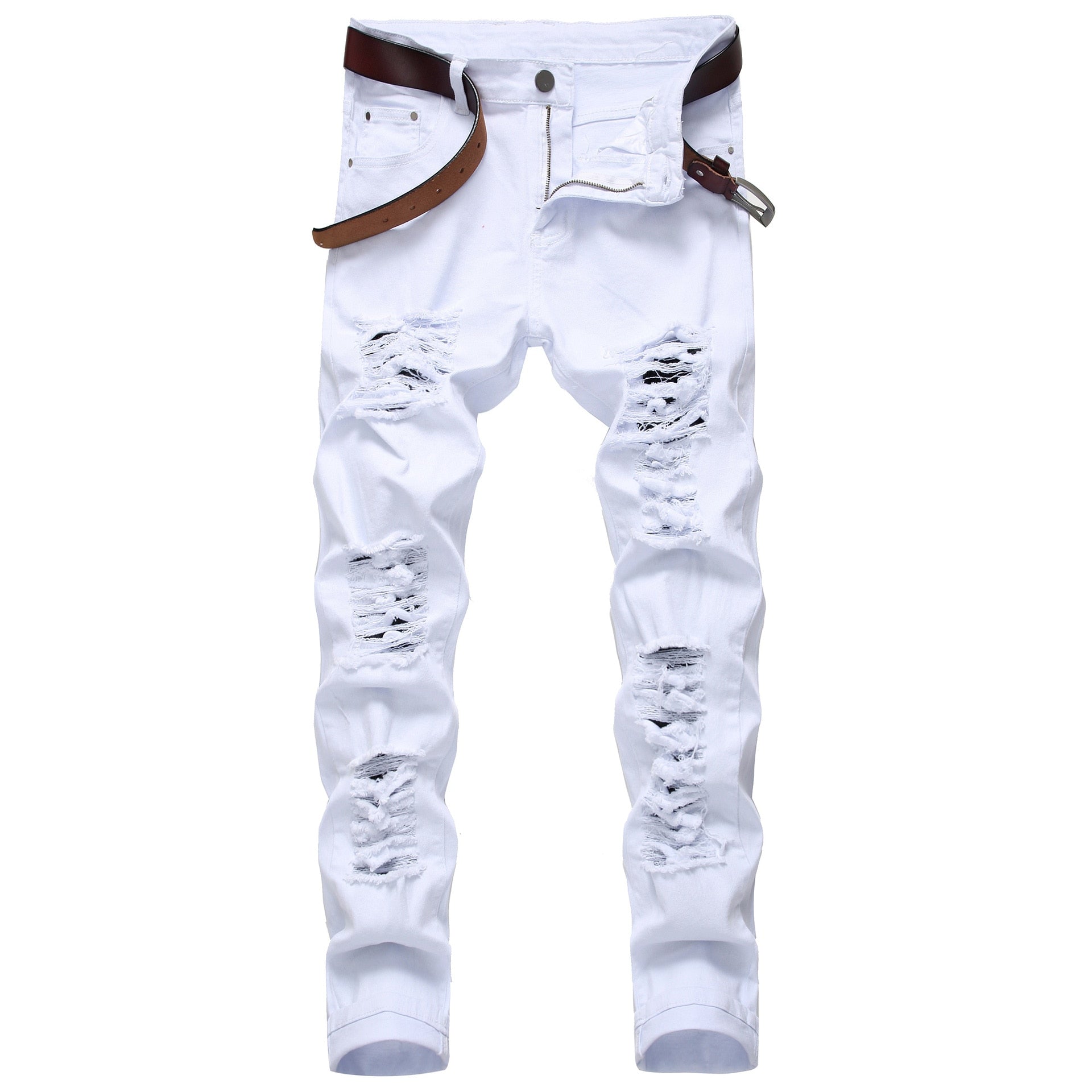 New Arrival Men Cotton Ripped Hole Jeans Casual Slim Skinny White Jeans